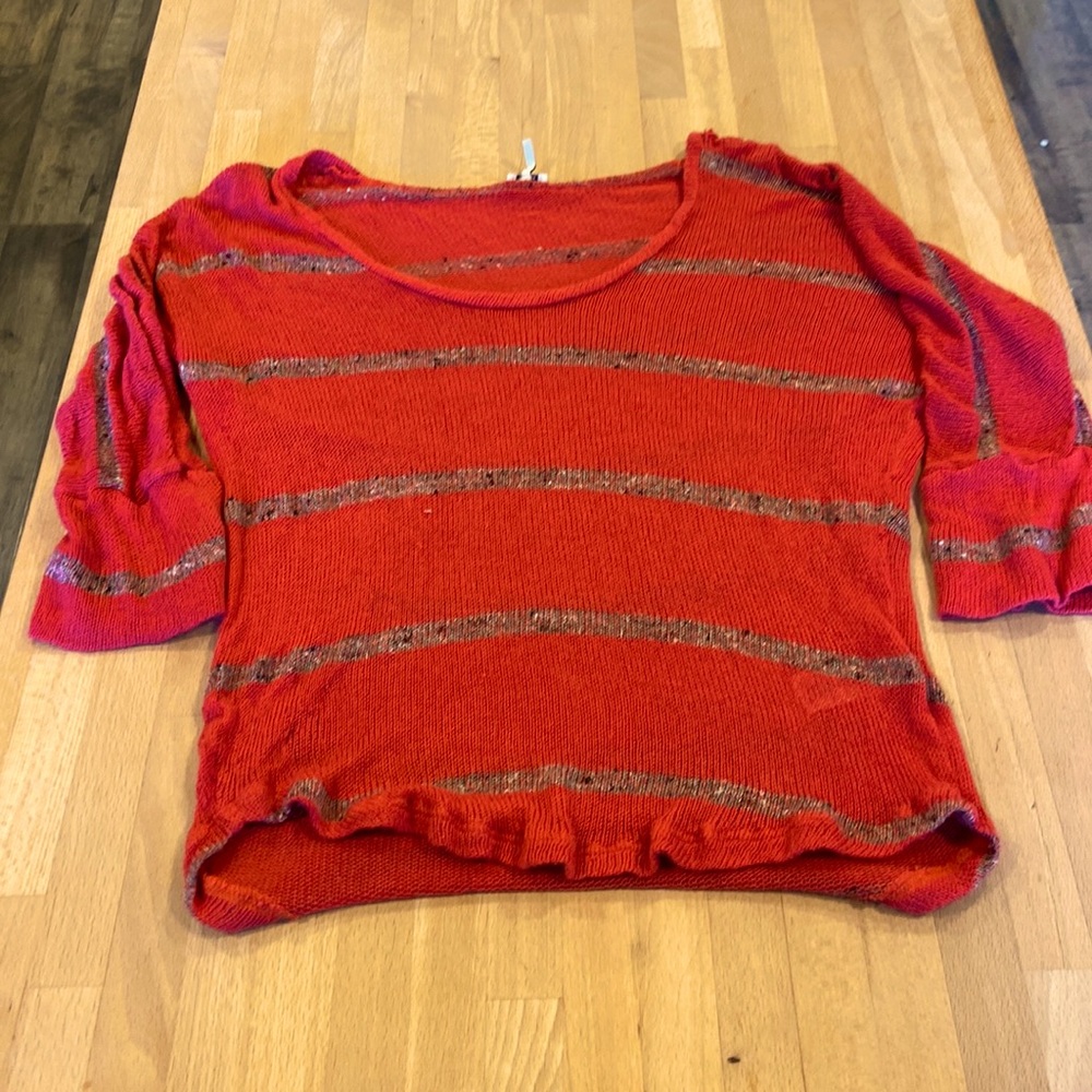 Boatneck stripped ruffle hem burnt orange gray stripe 3/4 sleeve knit sweater xs
